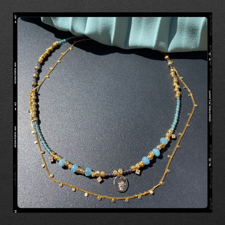Les Poétisés collier double astre pierres semi precieuses or fin