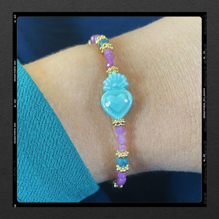 Les Poétisés bracelet ex voto rose vert pierres fines