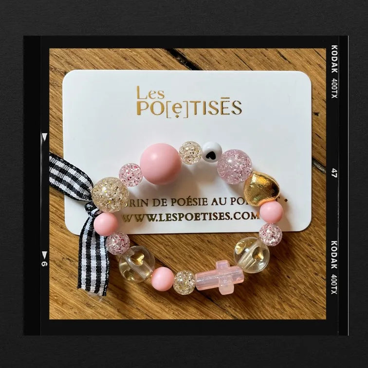 Les Poétisés bracelet enfant croix rose fille cadeau catho ruban