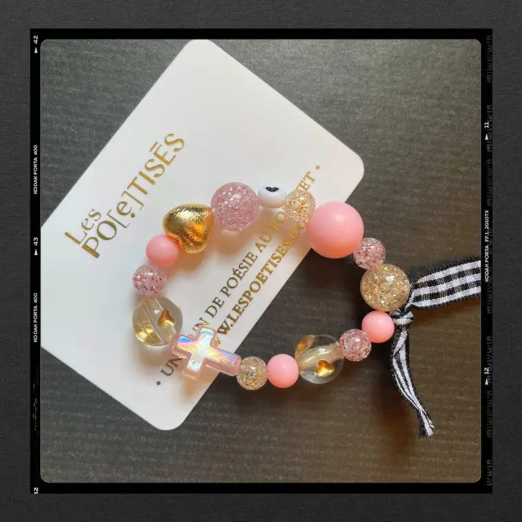 Les Poétisés bracelet enfant croix rose fille cadeau chrétien
