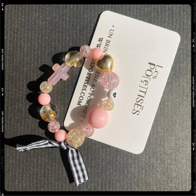 Les Poétisés bracelet enfant croix rose ruban vichy fille