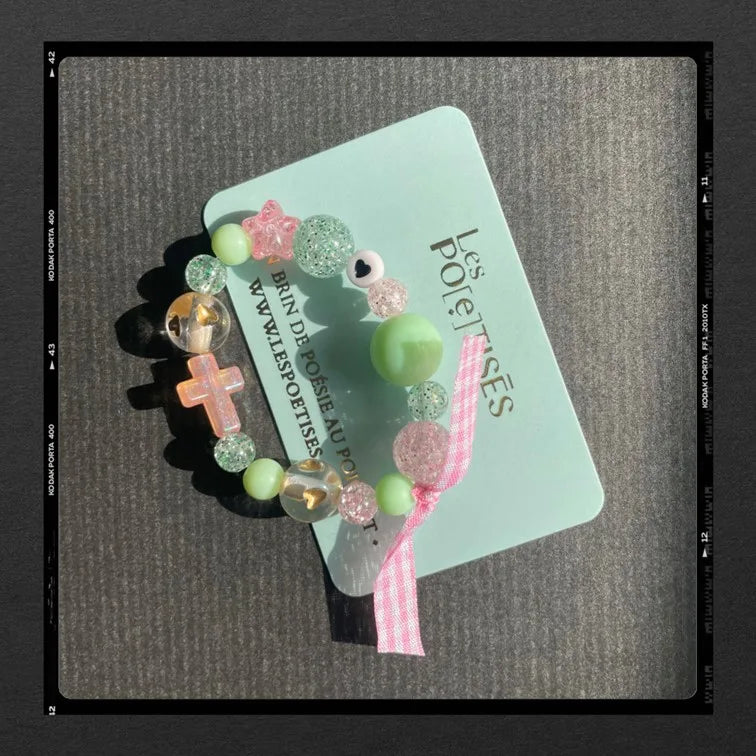 Les Poétisés bracelet enfant croix vert rose fille chrétien