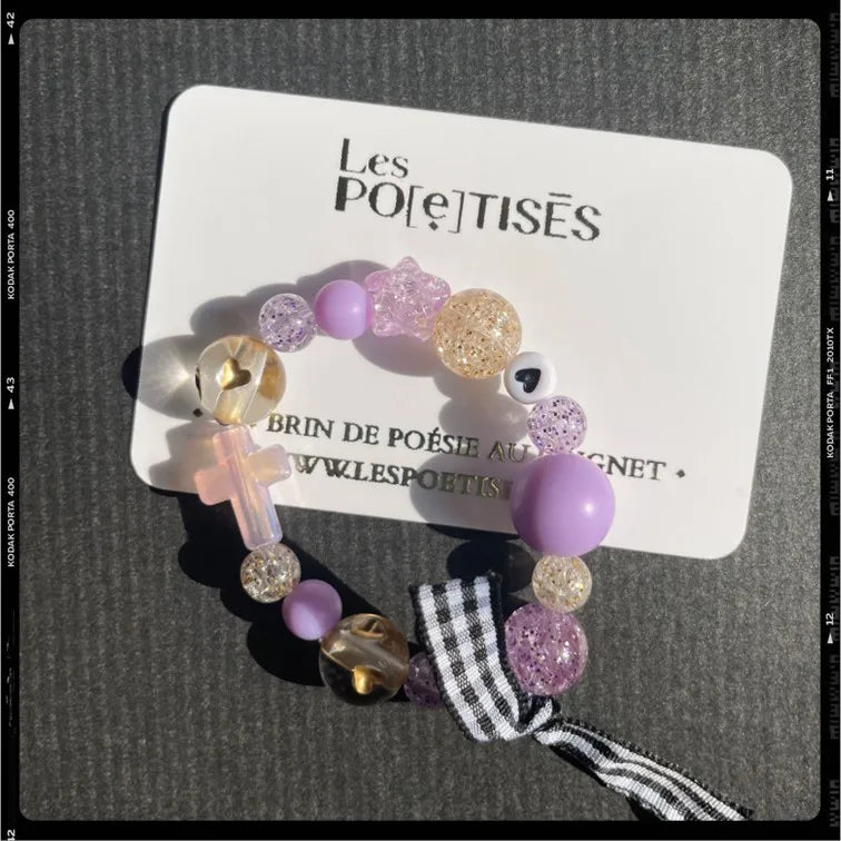 Les Poétisés bracelet enfant croix violet ruban vichy cadeau fille