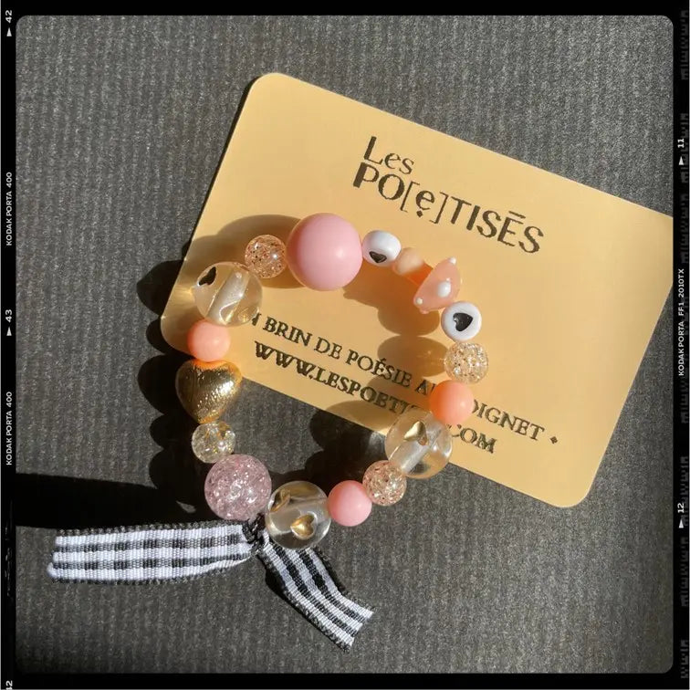 Les Poétisés bracelet enfant fille happy pêche coeurs champignon ruban vichy