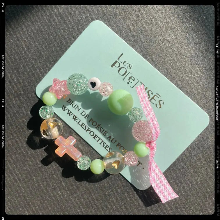 Les Poétisés bracelet enfant croix vert rose ruban vichy fille