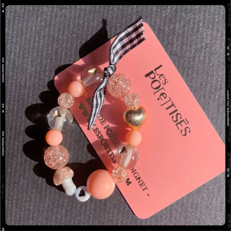 Les Poétisés bracelet enfant fille happy  rose coeurs champignon ruban vichy