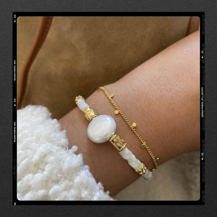 Les Poétisés - Polaire - bracelet double - or 24k - perles fines - pierres semi precieuses - perle d'eau douce - ecrin en liege - bijou